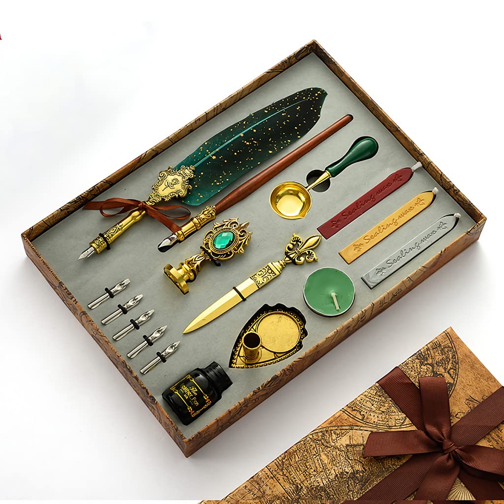 HASTHIP Quill Pen and Ink Set, Calligraphy Feather Pen with Wax Seal Stamp, Includes Feather Dip Pen, Ink, 5 Replacement Nibs, 3 Wax Seal Sticks,Pen Nib Base,Seal Stamp, White Wax,Spoon (Green) HASTHIP Quill Pen and Ink Set, Calligraphy Feather Pen with Wax Seal Stamp, Includes Feather Dip Pen, Ink, 5 Replacement Nibs, 3 Wax Seal Sticks,Pen Nib Base,Seal Stamp, White Wax,Spoon (Green)